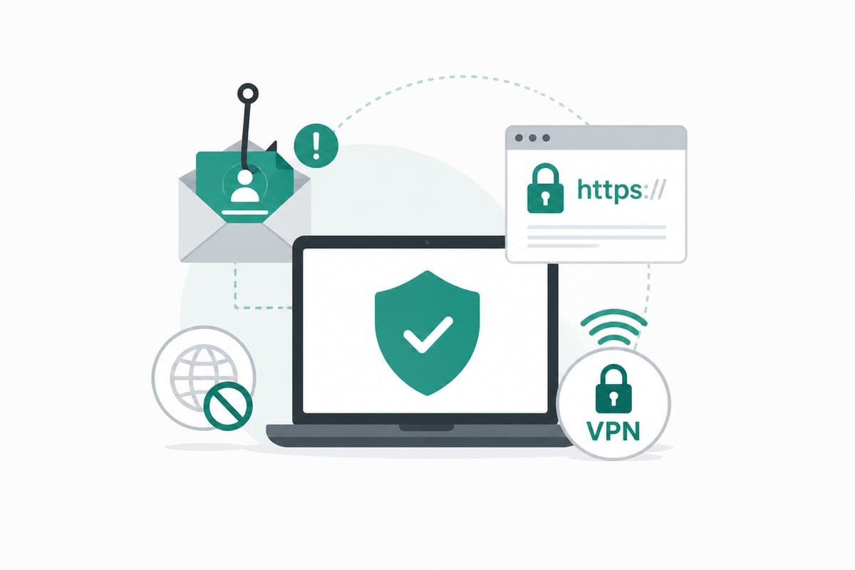 Laptop protegido com escudo, HTTPS seguro, VPN, bloqueio de phishing e proteção contra sites maliciosos
